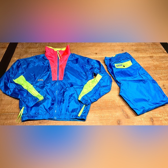 💙 90s Retro! Columbia Tracksuit Color Block Full Zip Neon Supreme Windbreaker - Picture 2 of 15